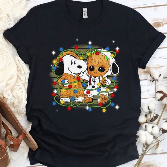 Cute Baby Groot and Friends Merry Christmas Light Unisex T-shirt, Disney Marvel Heroes Xmas Party 2022 Shirt, Disneyland Vacation Party Gift