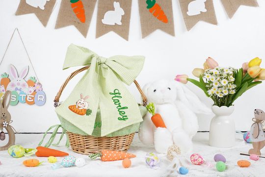 Personalized Seersucker Easter Basket Bow, Monogrammed Bunny Design, Embroidered Name, Easter Basket Decor, Kids Spring Gift