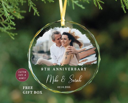 Custom Wedding Anniversary GLASS Ornament - Valentines Day Gift for Her - First 9th 10th 25th 50th Year Anniversary Ornament-Girlfriend Gift