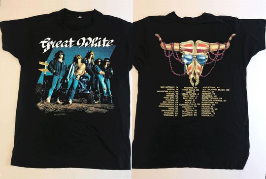 Great White 1991 Hooked Tour T-Shirt, Vintage 1991 Great White Hard Rock Band