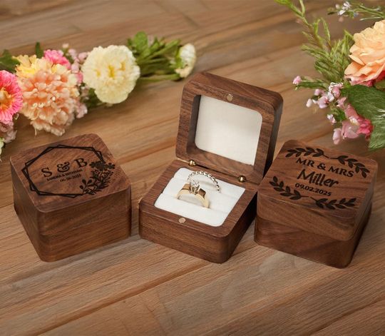 Custom Wooden Ring Box: Square Double Wedding Ceremony Box