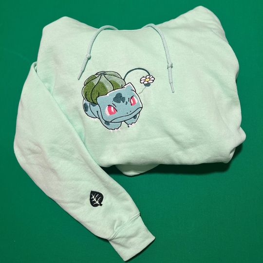 PKM Anime Bulbasaur Holding A Flower Embroidered hoodie