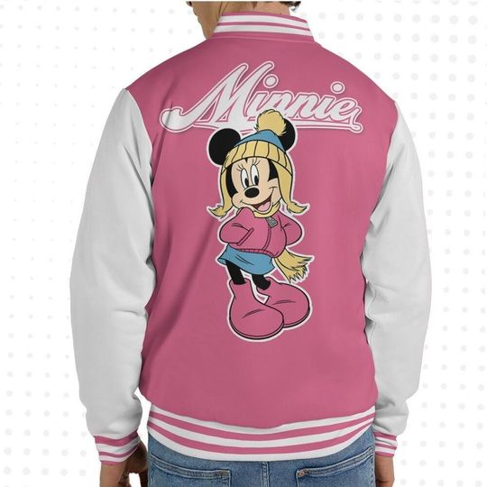 Custom Winter Minnie Basic Happy Jacket, Personalized Disney Varsity - Windproof Knit Fabric, Snap Button, Unisex Gift