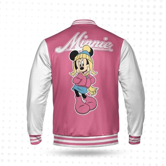 Custom Winter Minnie Basic Happy Jacket, Personalized Disney Varsity - Windproof Knit Fabric, Snap Button, Unisex Gift