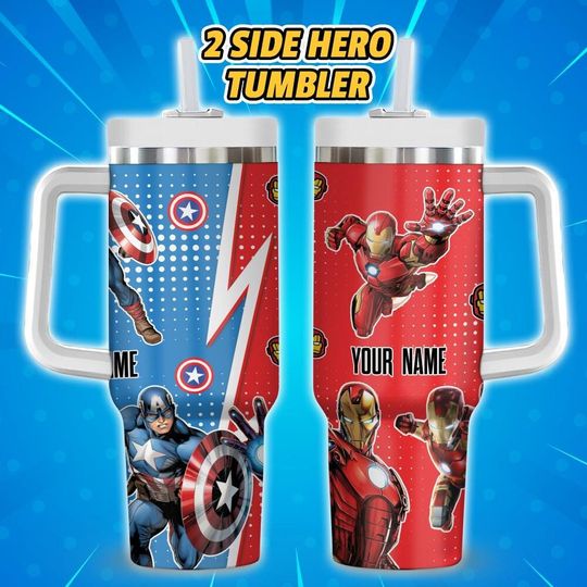 Custom Iron Man Vs Caption America, Personalized Marvel 40oz Tumbler With Handle Spider man Characters Tumbler