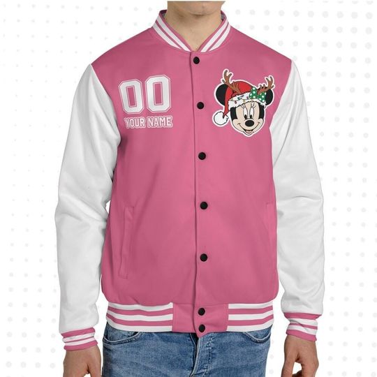 Custom Winter Minnie Basic Happy Jacket, Personalized Disney Varsity - Windproof Knit Fabric, Snap Button, Unisex Gift