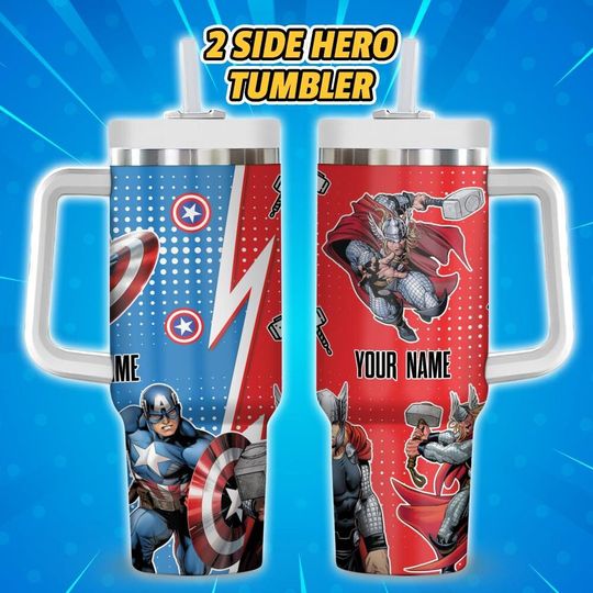 Custom Captain America Vs Thor, Personalized Marvel 40oz Tumbler With Handle Spider man Characters Tumbler