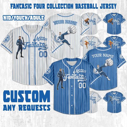 Personalize Disney Fantastic Four Team Baseball Jersey, Kid Youth Adult Jersey, Family Comic Fan Gift