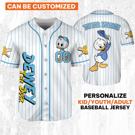 Custom Ducktales Dewey Classic Binding Jersey, Disney Baseball Jersey