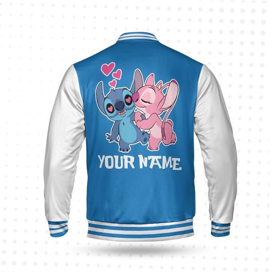 Custom Stitch Couple Blue Baseball Jacket, Personalized Disney Varsity - Windproof Knit Fabric, Snap Button, Unisex Gift