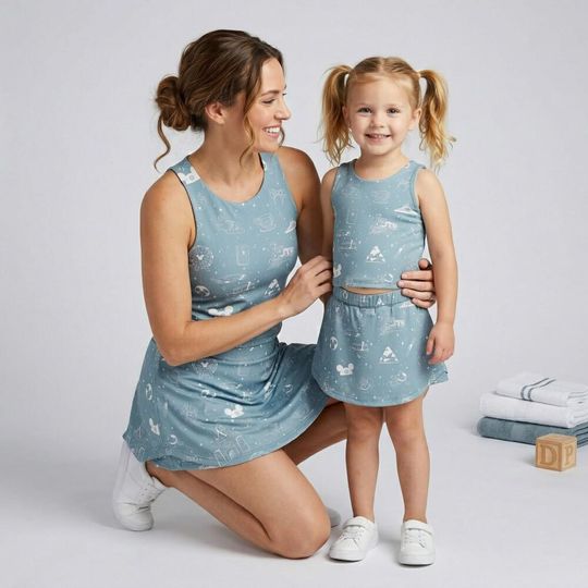 Magical Vacation Activewear Mommy and Me, Mickey Minnie Icons Blue Line Art, runDisney Summer Trip 2026, Matching Tennis Skirt Tank Set