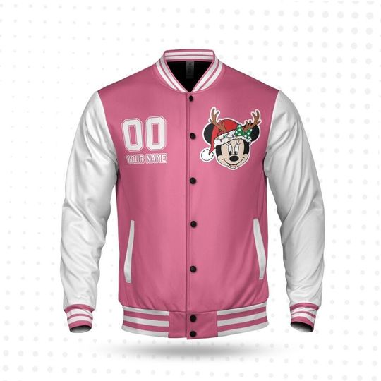 Custom Winter Minnie Basic Happy Jacket, Personalized Disney Varsity - Windproof Knit Fabric, Snap Button, Unisex Gift