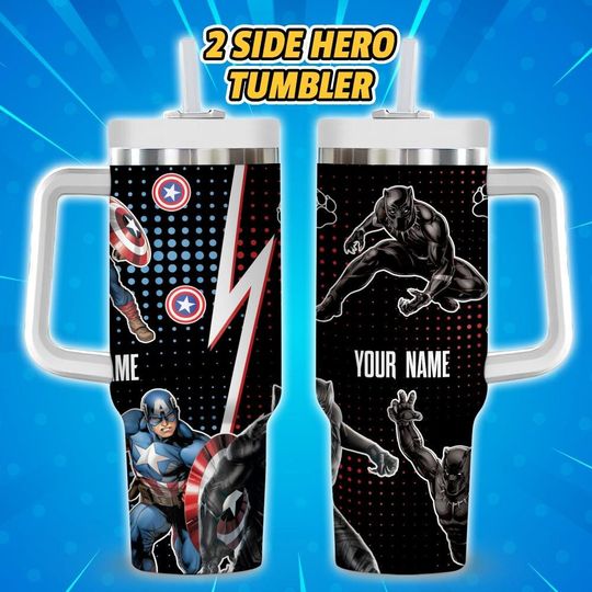 Custom Caption America Vs Blackpanther, Personalized Marvel 40oz Tumbler With Handle Spider man Characters Tumbler