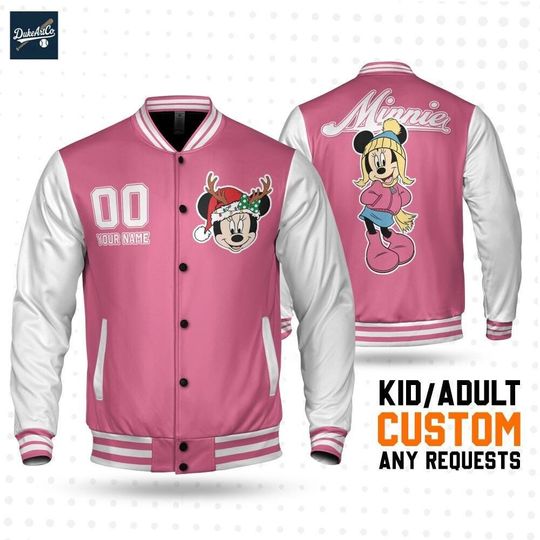 Custom Winter Minnie Basic Happy Jacket, Personalized Disney Varsity - Windproof Knit Fabric, Snap Button, Unisex Gift