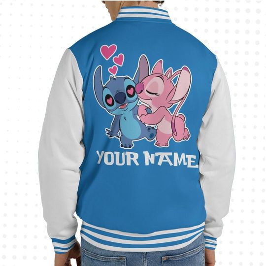 Custom Stitch Couple Blue Baseball Jacket, Personalized Disney Varsity - Windproof Knit Fabric, Snap Button, Unisex Gift