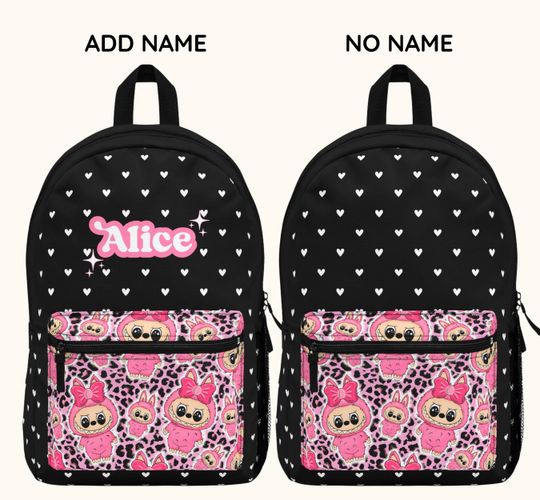 Labubu Backpack Black Pink Back to School Gift Idea School Tote Bag Heart Pattern Kawaii La Bubu Back Pack Gift for Grandchild Personalize