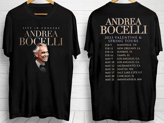 Andrea Bocelli 2023 Valentine and Spring Tour Dates T-Shirt, 2023 Tour Concert Tee