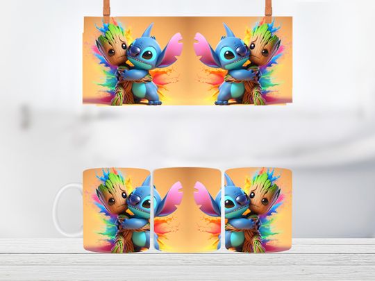 3D Stitch and Groot Mug Wrap, 3D Stitch Mug Wrap Sublimation Design