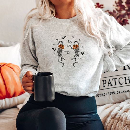 Dancing Skeleton Embroidered Sweatshirt, Spooky Season Shirt