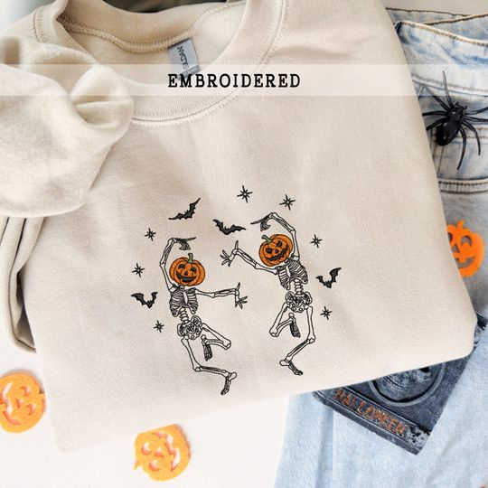 Dancing Skeleton Embroidered Sweatshirt, Spooky Season Shirt