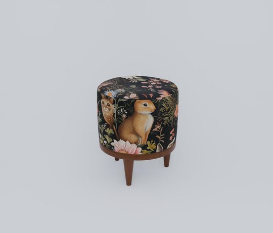 Rabbit Print Gothic Round Pouf - Modern Entryway Seat