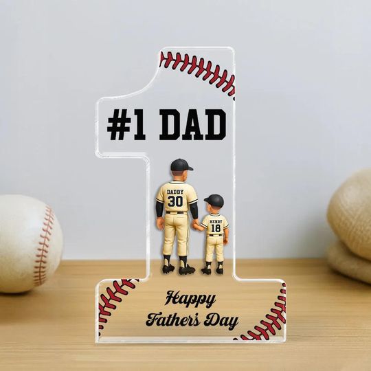 Baseball No. 1 Dad Grandpa Man & Kids Standing Personalized Acrylic Block Plaque, Father's Day Gift for Baseball Dad, Husband