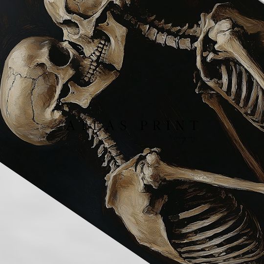 Vintage Skeleton Couple Kissing Painting, Spooky Halloween Print, Dark Academia Valentine Printable Wall Art