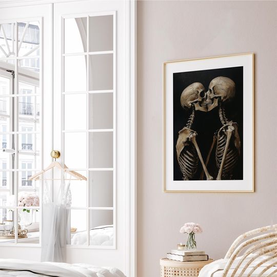 Vintage Skeleton Couple Kissing Painting, Spooky Halloween Print, Dark Academia Valentine Printable Wall Art