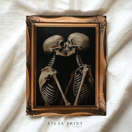 Vintage Skeleton Couple Kissing Painting, Spooky Halloween Print, Dark Academia Valentine Printable Wall Art