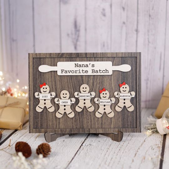 Wooden Gingerbread Family Sign Personalized Grandchildren Sign With Names, Nanas Favorite Batch Sign, Christmas Gift Idea for Grandma Plaque
