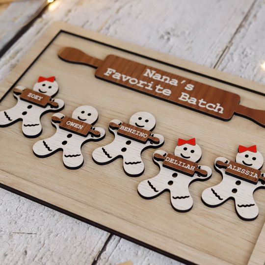 Wooden Gingerbread Family Sign Personalized Grandchildren Sign With Names, Nanas Favorite Batch Sign, Christmas Gift Idea for Grandma Plaque