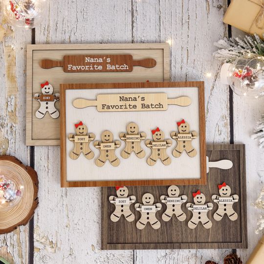 Wooden Gingerbread Family Sign Personalized Grandchildren Sign With Names, Nanas Favorite Batch Sign, Christmas Gift Idea for Grandma Plaque