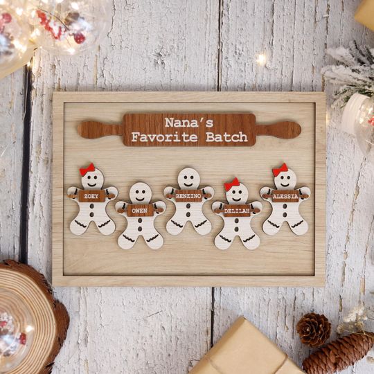 Wooden Gingerbread Family Sign Personalized Grandchildren Sign With Names, Nanas Favorite Batch Sign, Christmas Gift Idea for Grandma Plaque