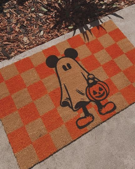 Mickey Ghost Checkered Doormat | Halloween | Disney | Fall | Custom Doormat | Holiday | Gift Idea | Retro | Checkered