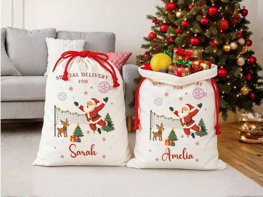 Personalized Volleyball Christmas Gift Sack, Custom Christmas Gift Bag for Volleyball Players, Volleyball Holiday Sack with Name