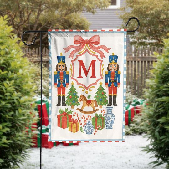 Personalized Christmas Garden Flag with Nutcrackers, Monogram Letter Holiday Yard Banner, Festive Winter Outdoor Decoration, Season Decor