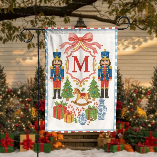 Personalized Christmas Garden Flag with Nutcrackers, Monogram Letter Holiday Yard Banner, Festive Winter Outdoor Decoration, Season Decor