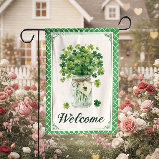 St Patricks Day Welcome Garden Flag Clover Jar Watercolor Shamrock Outdoor Yard Spring Decor