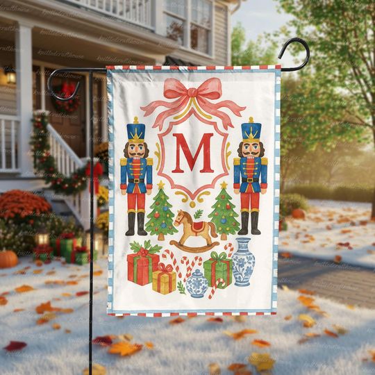 Personalized Christmas Garden Flag with Nutcrackers, Monogram Letter Holiday Yard Banner, Festive Winter Outdoor Decoration, Season Decor