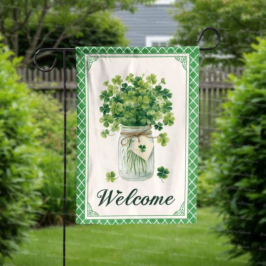 St Patricks Day Welcome Garden Flag Clover Jar Watercolor Shamrock Outdoor Yard Spring Decor