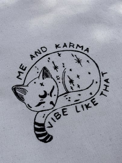 Handmade Embroidered Canvas Tote Bag: Karma Vibe Design