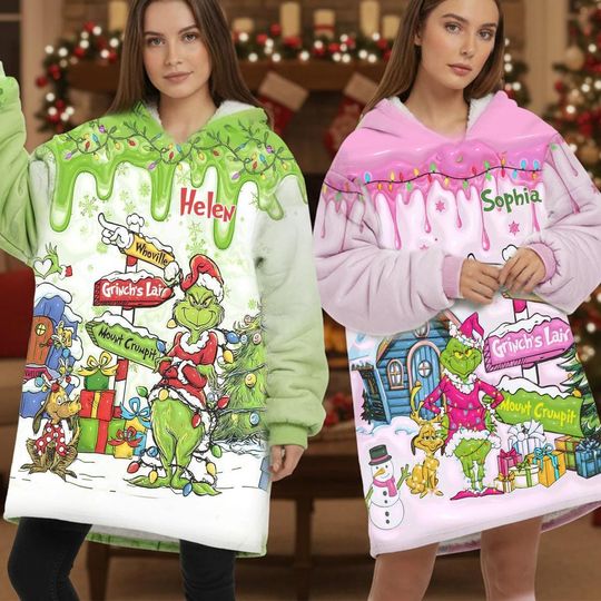 Personalized Grin Fleece Blanket Hoodie, Custom Funny Character Christmas Blanket Hoodie, Christmas Whoville Blanket Hoodie