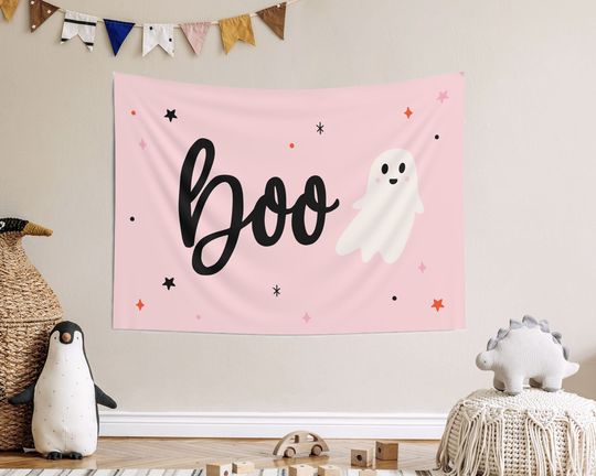 Cute Halloween Tapestry, Boo Wall Banner, Spooky Wall Art, Pink Halloween Decor