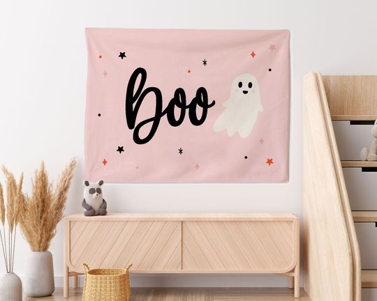 Cute Halloween Tapestry, Boo Wall Banner, Spooky Wall Art, Pink Halloween Decor