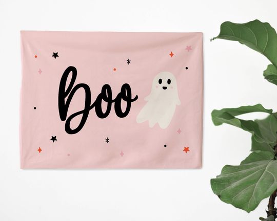 Cute Halloween Tapestry, Boo Wall Banner, Spooky Wall Art, Pink Halloween Decor