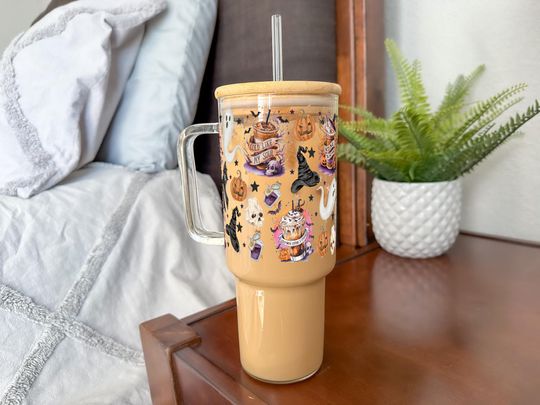 Cottage Core Halloween Cute Glass Cup with Lid and Straw, Fall Iced Coffee Glass Spooky Season Gift, Halloween Themed Glass Tumbler Mug