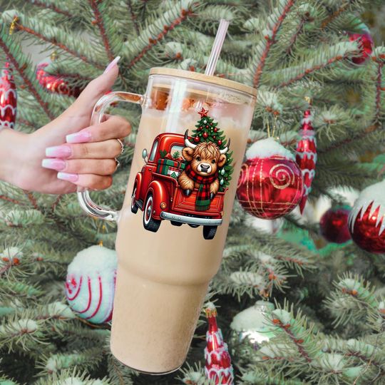 Sip Sip Hooray Cute Cow Christmas Glass Cup With Lid and Straw, Christmas 40oz Sipper Glass Tumbler, Iced Coffee Cup, Cow Lover Gift
