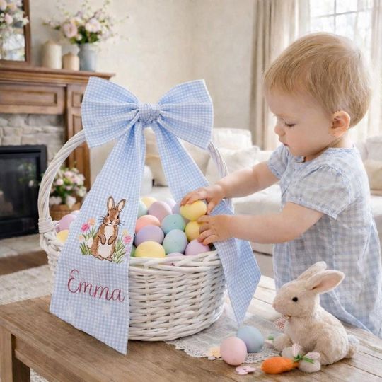 Personalized Monogrammed Easter Basket Bow, Embroidered Name Bunny Handle Decoration, Kids Gingham Easter Ribbon, Baby First Easter Gift