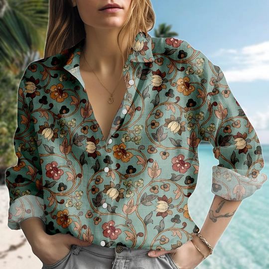 Vintage Floral Blouse Shirt, Retro Flower Women Shirt, Long Sleeve Spring Shirt, Cottagecore Button Shirt, Gift For Garden Lovers