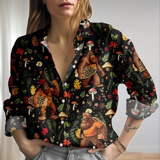 Bigfoot Blouse Shirt, Bigfoot Holding Mushroom Shirt, Mushroom Women Shirt, Sasquatch Shirt, Gift For Her